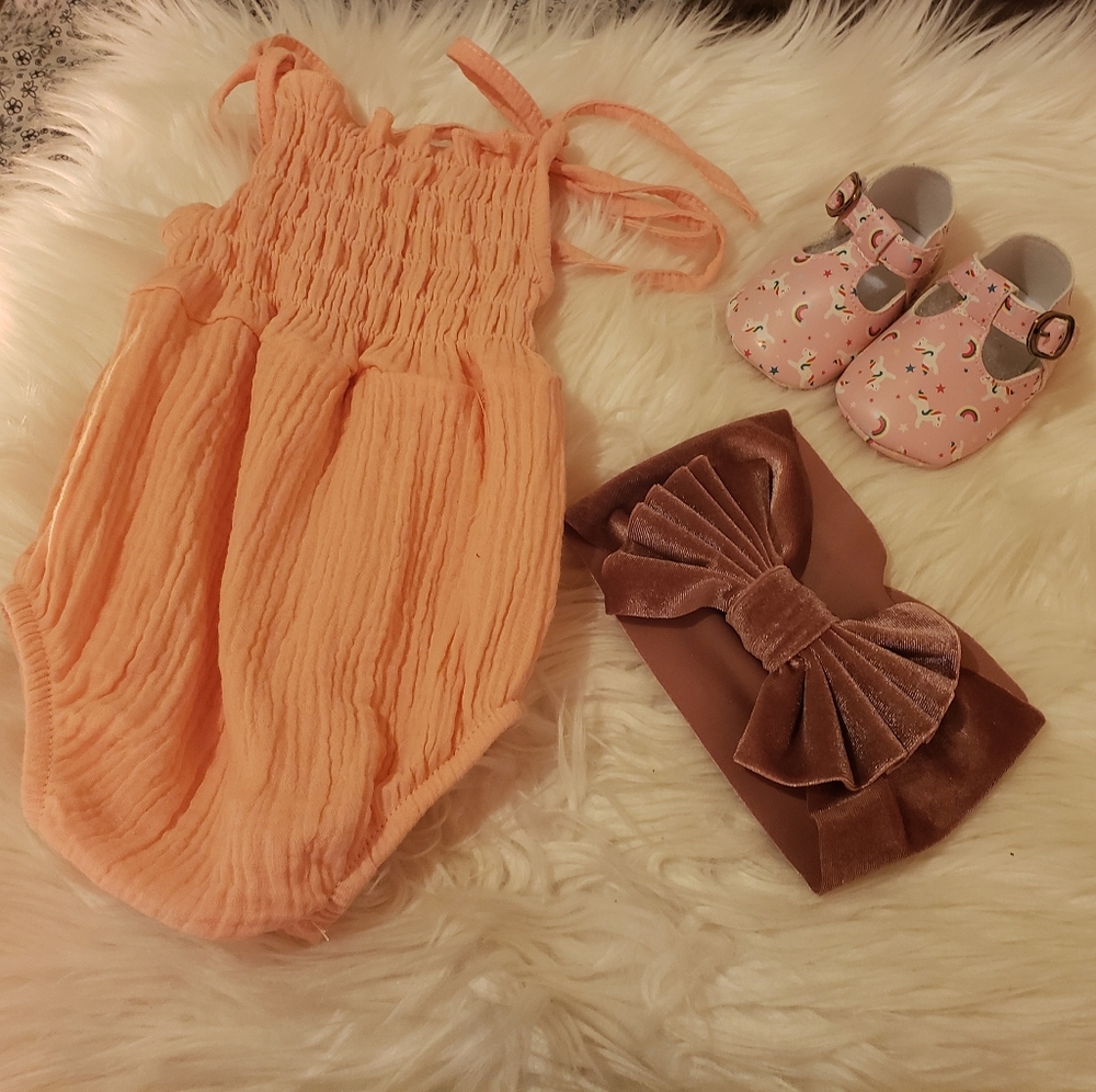 Baby romper, shoes and big velvet bow